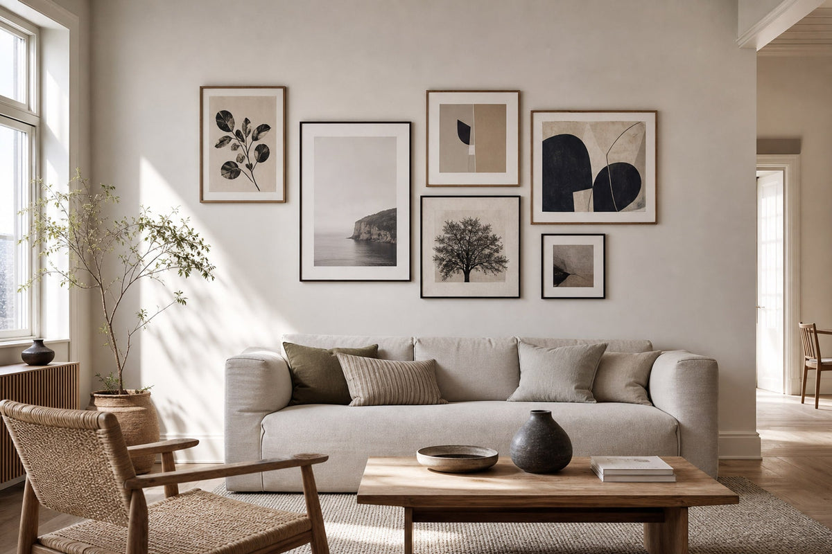 Nordic editorial living room featuring professionally hung, balanced gallery wall of five to seven varied framed artworks with precise spacing