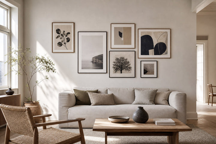 Nordic editorial living room featuring professionally hung, balanced gallery wall of five to seven varied framed artworks with precise spacing