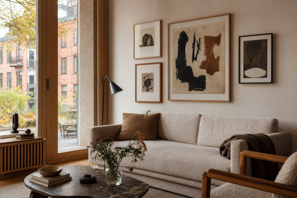 Nordic editorial refined Nordic living room featuring carefully composed framed-art vignette that directly illustrates the article subject