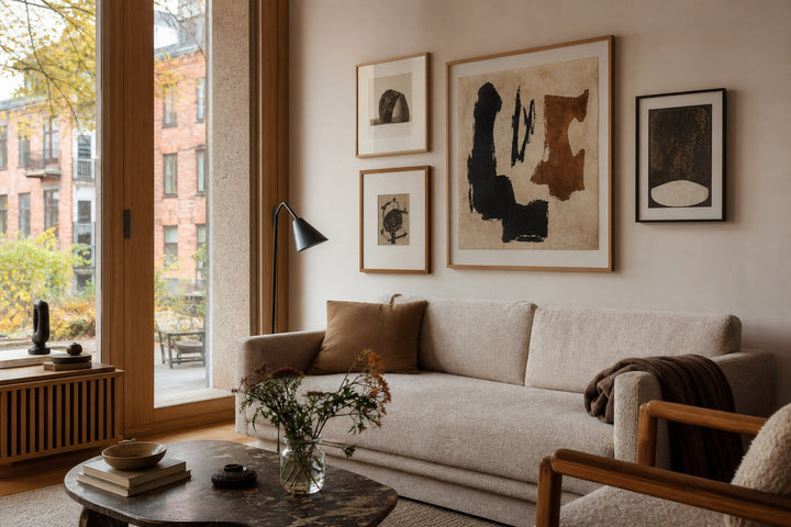 Nordic editorial refined Nordic living room featuring carefully composed framed-art vignette that directly illustrates the article subject