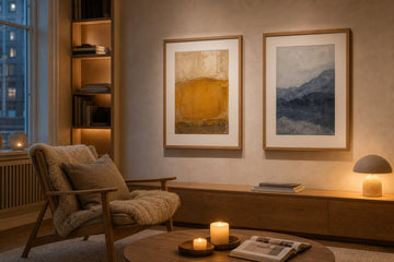 Nordic editorial refined Nordic living room featuring carefully composed framed-art vignette that directly illustrates the article subject
