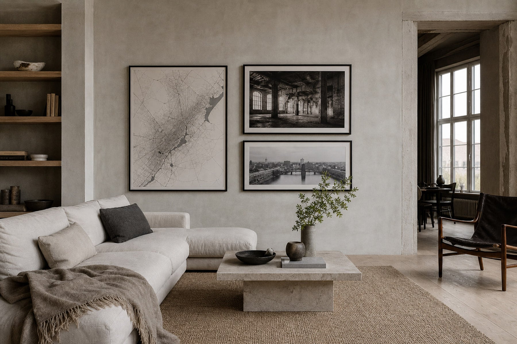 Nordic editorial refined Nordic living room featuring carefully composed framed-art vignette that directly illustrates the article subject