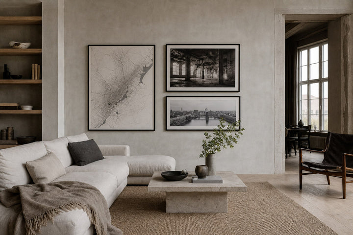 Nordic editorial refined Nordic living room featuring carefully composed framed-art vignette that directly illustrates the article subject