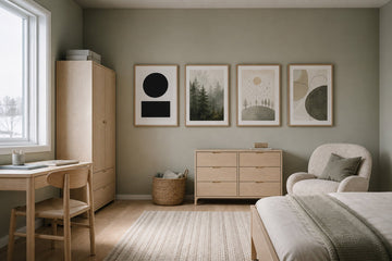 Nordic editorial age-appropriate Nordic bedroom or study corner featuring playful yet sophisticated framed art integrated into a practical small-space layout