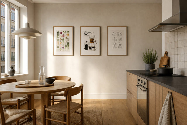Nordic editorial Nordic kitchen and dining area featuring topic-relevant framed art placed safely away from heat and moisture