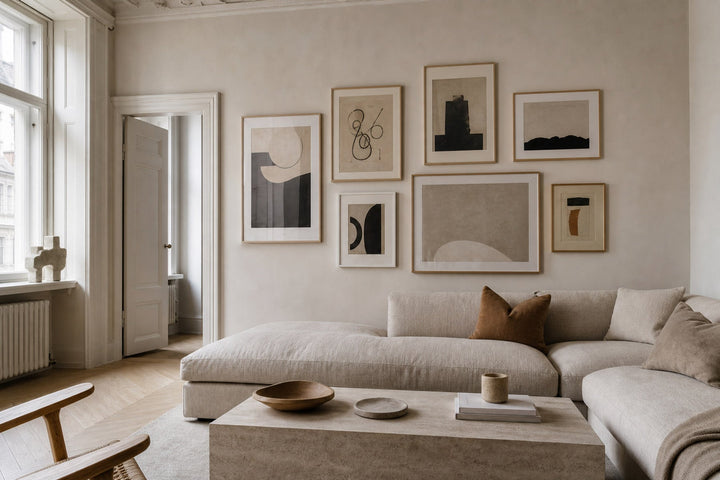Nordic editorial refined Nordic living room featuring carefully composed framed-art vignette that directly illustrates the article subject