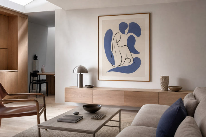 Nordic editorial high-end Nordic interior featuring hero artwork that visually communicates the art movement or style named in the title