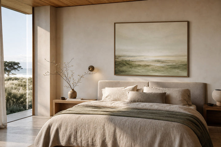 Nordic editorial serene bedroom featuring calm framed wall art correctly scaled above a linen bed