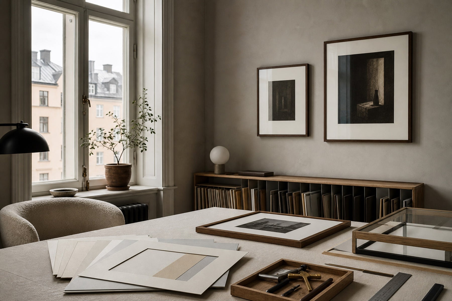 Nordic editorial Nordic framing studio featuring tactile editorial still life showing the relevant framing or paper materials in use