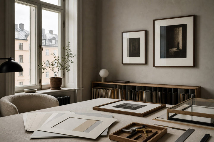 Nordic editorial Nordic framing studio featuring tactile editorial still life showing the relevant framing or paper materials in use