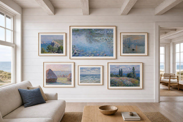 Nordic editorial refined Nordic living room featuring carefully composed framed-art vignette that directly illustrates the article subject