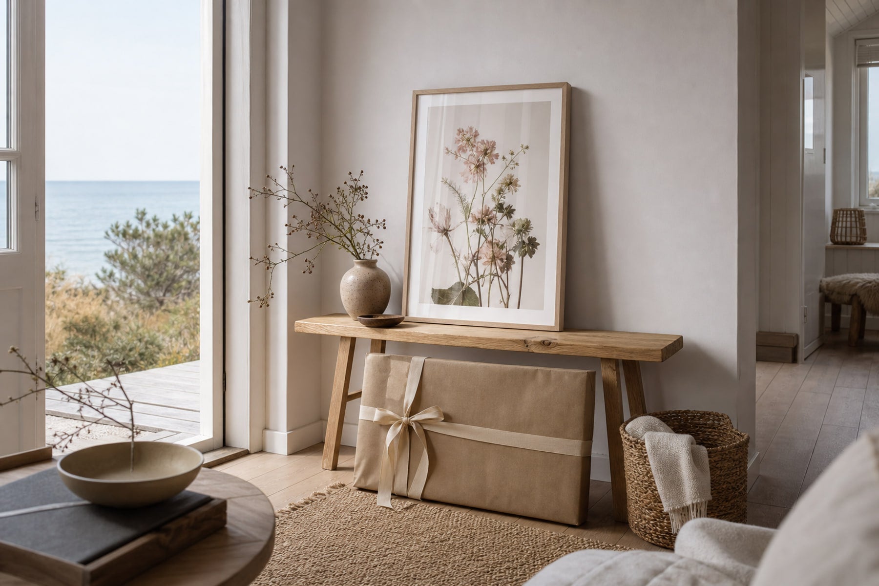 Nordic editorial quiet Nordic entry or living room featuring beautifully wrapped framed art presented as a thoughtful gift beside a finished interior vignette