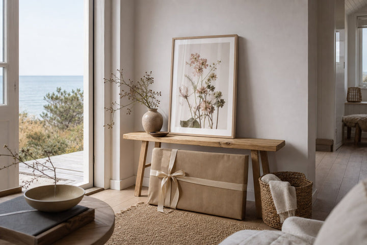 Nordic editorial quiet Nordic entry or living room featuring beautifully wrapped framed art presented as a thoughtful gift beside a finished interior vignette