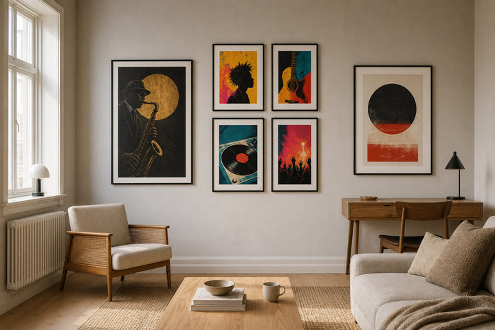 Nordic editorial refined Nordic living room featuring carefully composed framed-art vignette that directly illustrates the article subject