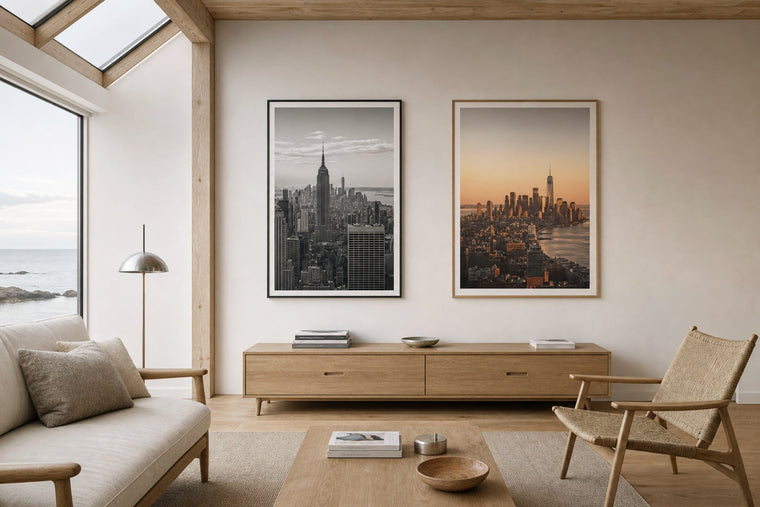 Nordic editorial Nordic coastal or travel-inspired sitting room featuring framed art that evokes place, horizon and travel memories