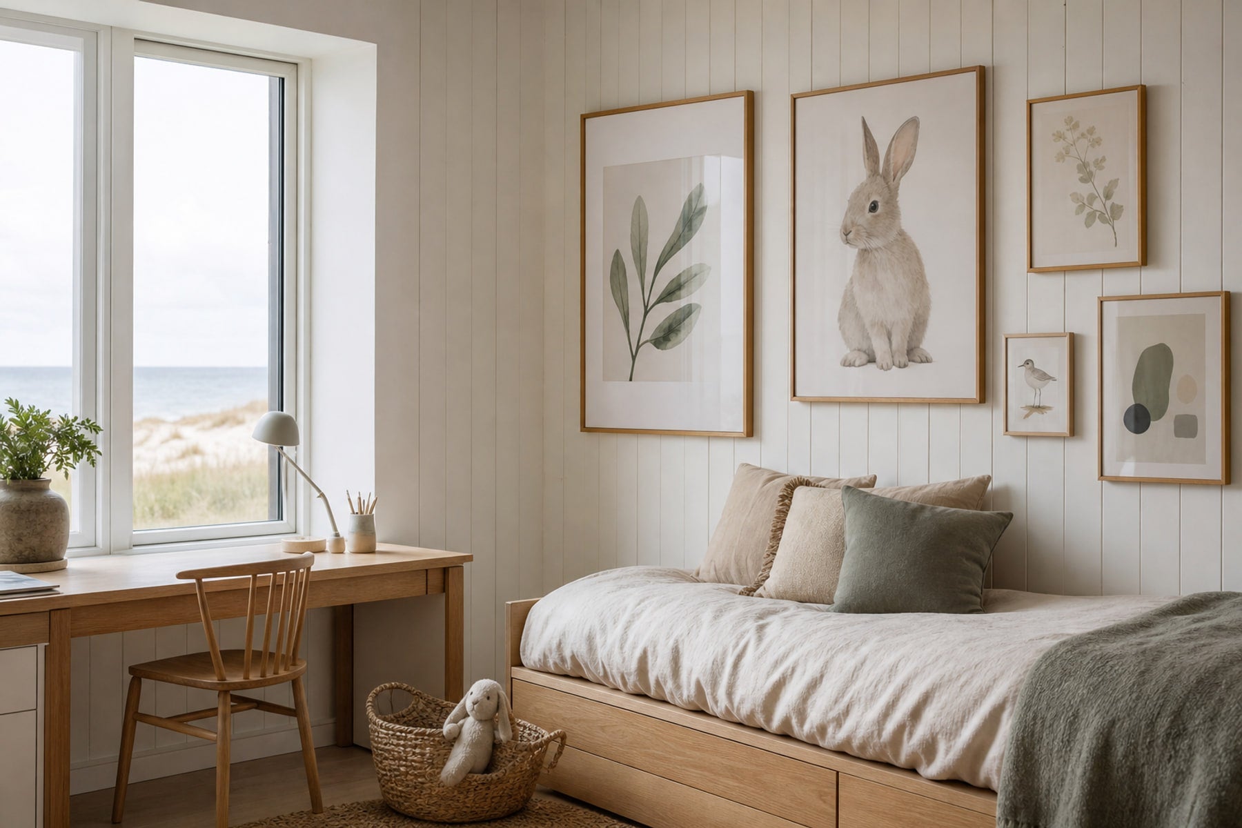 Nordic editorial age-appropriate Nordic bedroom or study corner featuring playful yet sophisticated framed art integrated into a practical small-space layout