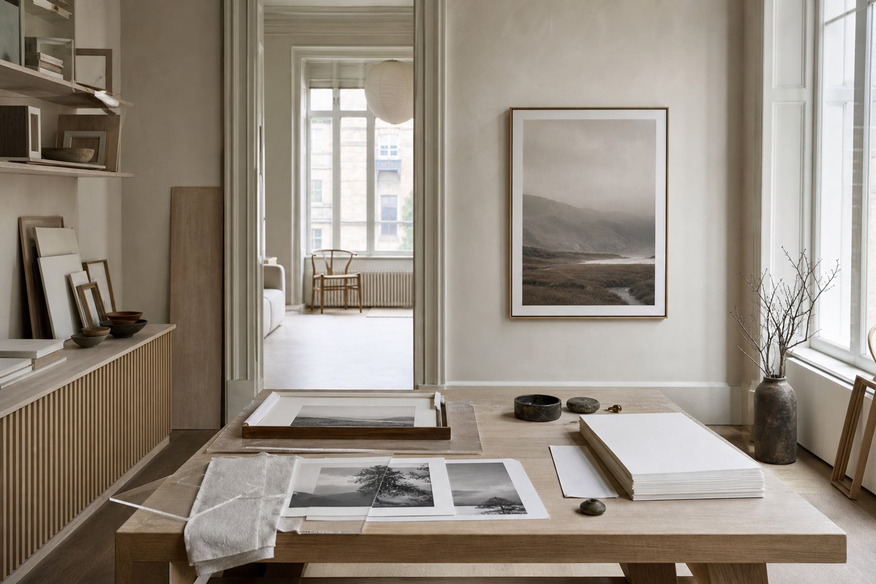 Nordic editorial Nordic framing studio featuring tactile editorial still life showing the relevant framing or paper materials in use
