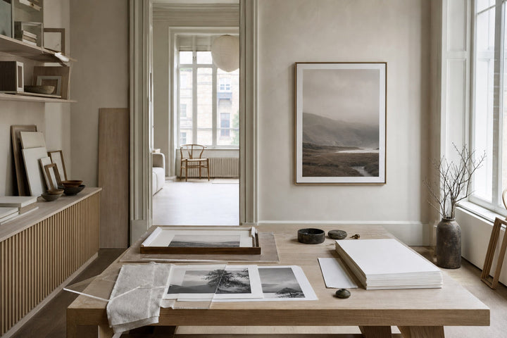 Nordic editorial Nordic framing studio featuring tactile editorial still life showing the relevant framing or paper materials in use