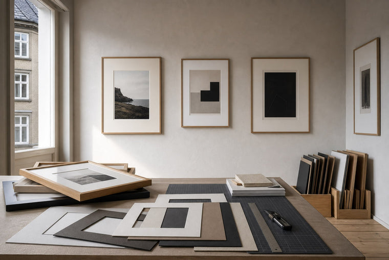 Nordic editorial Nordic framing studio featuring tactile editorial still life showing the relevant framing or paper materials in use