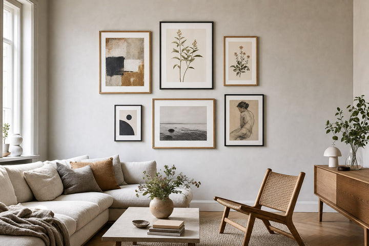 Nordic editorial living room featuring professionally hung, balanced gallery wall of five to seven varied framed artworks with precise spacing