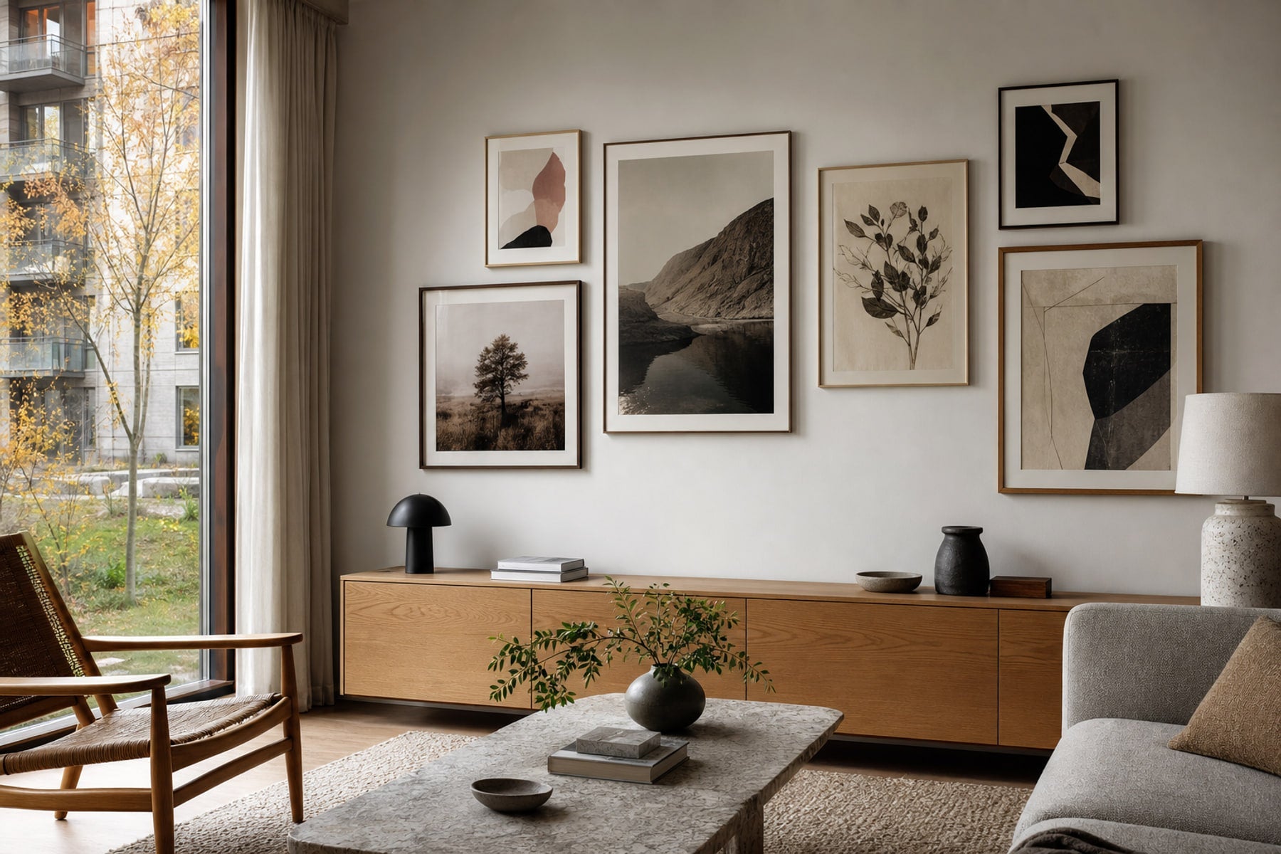 Nordic editorial living room featuring professionally hung, balanced gallery wall of five to seven varied framed artworks with precise spacing