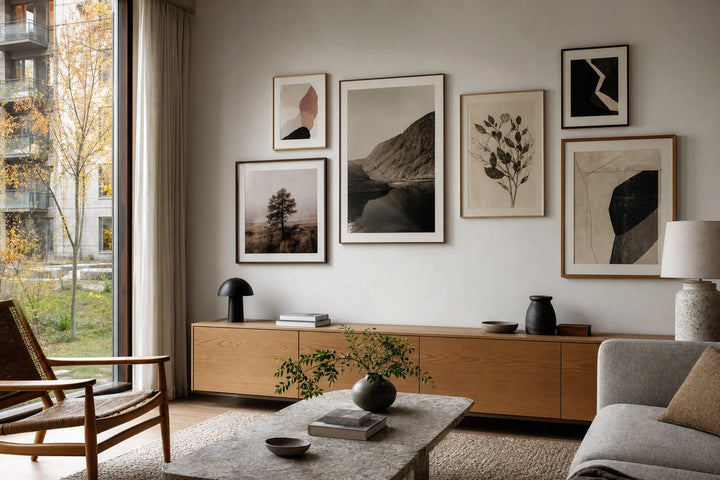 Nordic editorial living room featuring professionally hung, balanced gallery wall of five to seven varied framed artworks with precise spacing