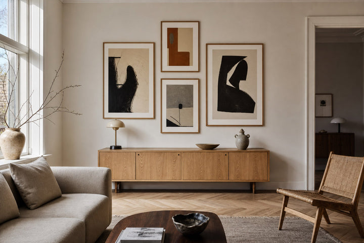 Nordic editorial well-proportioned Nordic living room featuring correctly scaled framed art demonstrating the format and placement described by the article