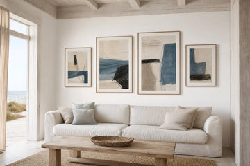 Nordic editorial refined Nordic living room featuring carefully composed framed-art vignette that directly illustrates the article subject