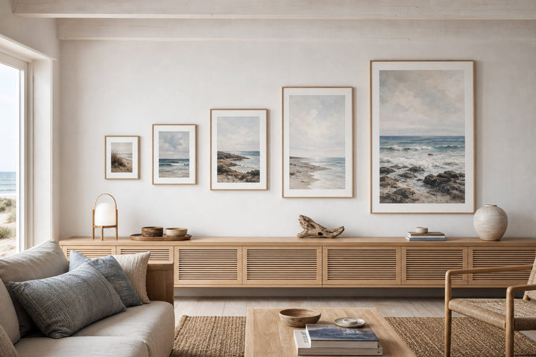 Nordic editorial well-proportioned Nordic living room featuring correctly scaled framed art demonstrating the format and placement described by the article