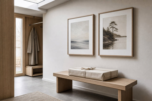 Nordic editorial quiet Nordic entry or living room featuring beautifully wrapped framed art presented as a thoughtful gift beside a finished interior vignette