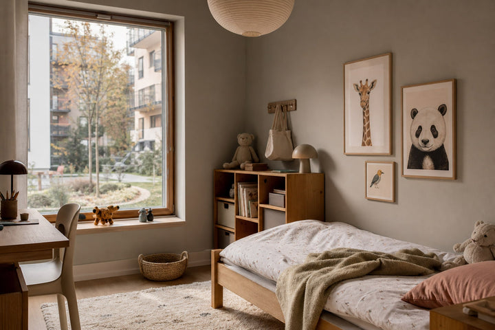 Nordic editorial age-appropriate Nordic bedroom or study corner featuring playful yet sophisticated framed art integrated into a practical small-space layout
