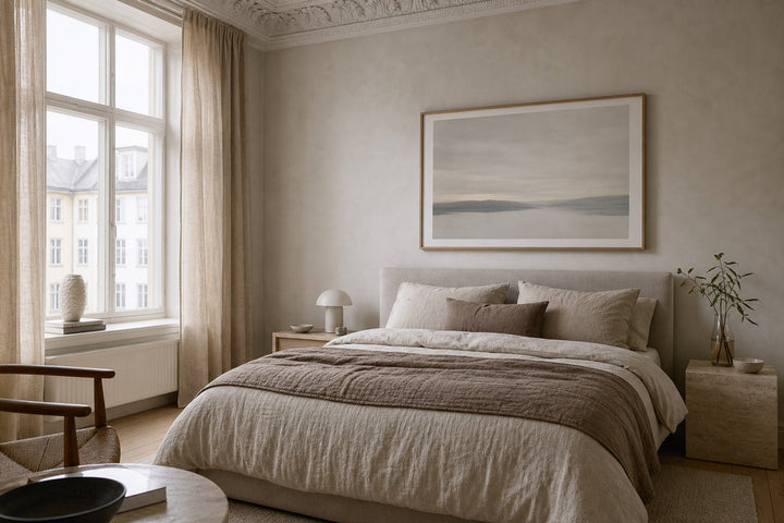 Nordic editorial serene bedroom featuring calm framed wall art correctly scaled above a linen bed