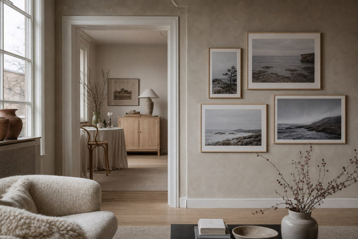 Nordic editorial seasonally styled Nordic living space featuring framed wall art and restrained seasonal details that directly express the article theme