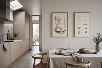 Nordic editorial Nordic kitchen and dining area featuring topic-relevant framed art placed safely away from heat and moisture