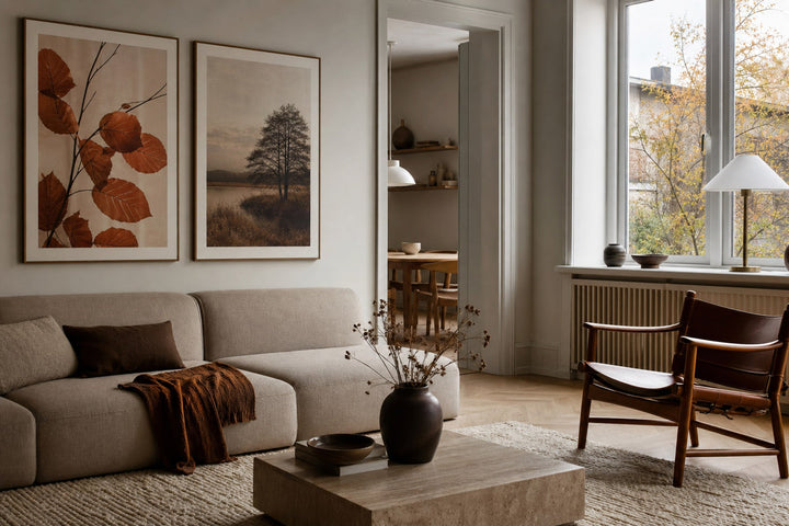 Nordic editorial seasonally styled Nordic living space featuring framed wall art and restrained seasonal details that directly express the article theme
