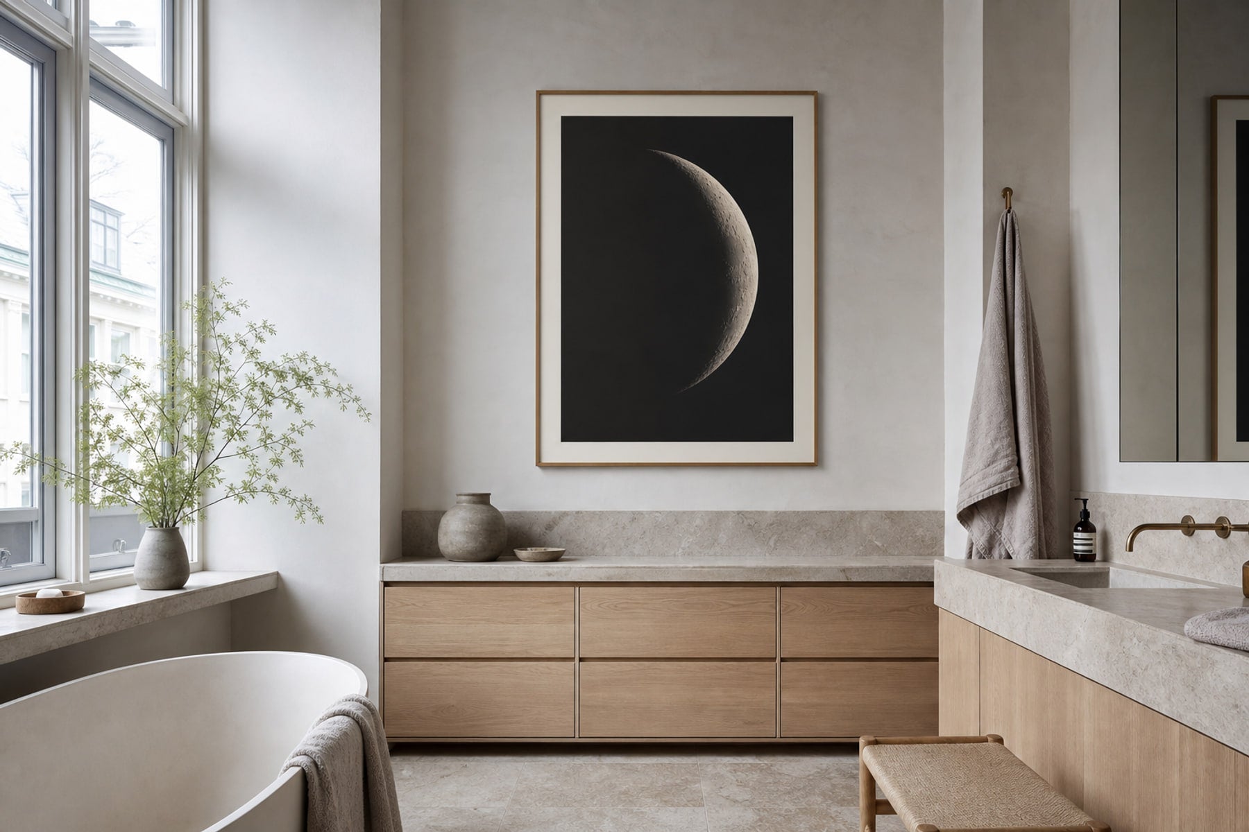 Nordic editorial spa-like Nordic bathroom featuring calming framed art placed on a dry wall above pale stone and oak cabinetry