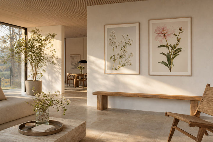 Nordic editorial seasonally styled Nordic living space featuring framed wall art and restrained seasonal details that directly express the article theme