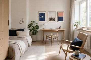 Nordic editorial age-appropriate Nordic bedroom or study corner featuring playful yet sophisticated framed art integrated into a practical small-space layout