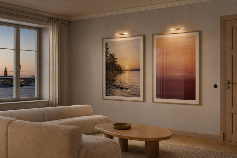 Nordic editorial refined Nordic living room featuring carefully composed framed-art vignette that directly illustrates the article subject