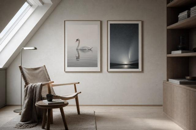 Nordic editorial quiet Nordic reading room featuring one or two elegant framed motifs that clearly reflect the animal or celestial subject