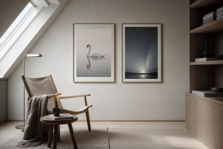 Nordic editorial quiet Nordic reading room featuring one or two elegant framed motifs that clearly reflect the animal or celestial subject