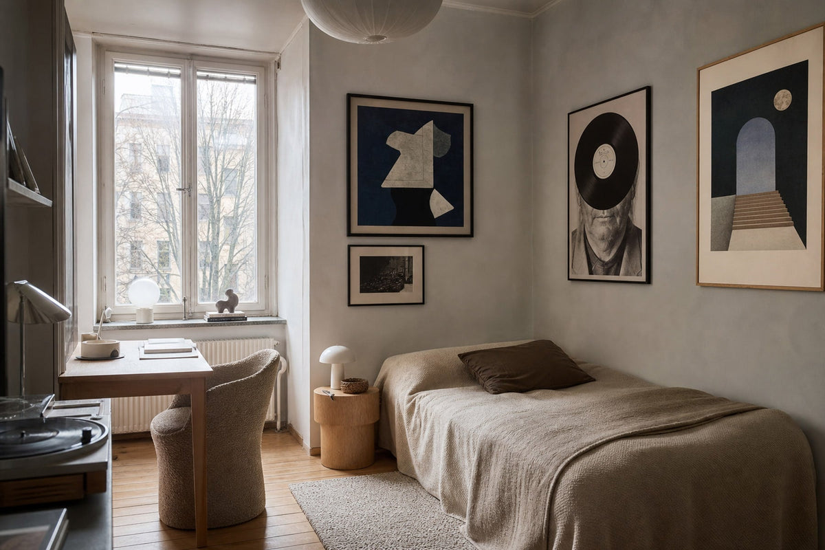Nordic editorial age-appropriate Nordic bedroom or study corner featuring playful yet sophisticated framed art integrated into a practical small-space layout