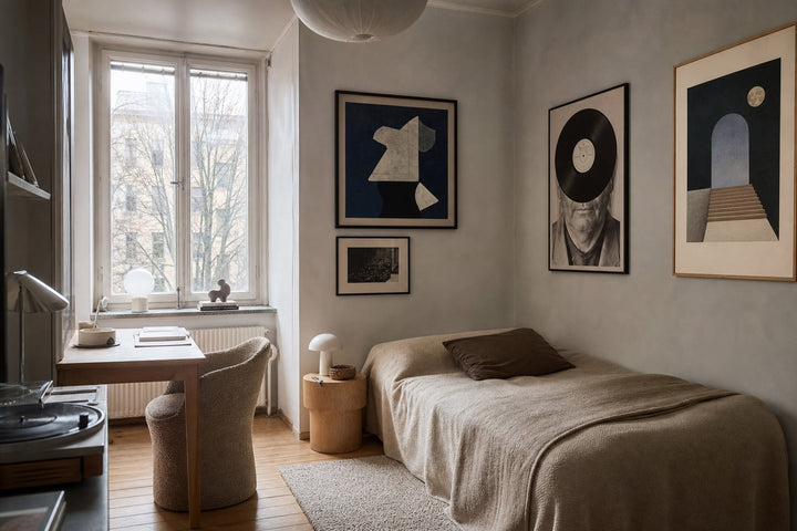 Nordic editorial age-appropriate Nordic bedroom or study corner featuring playful yet sophisticated framed art integrated into a practical small-space layout
