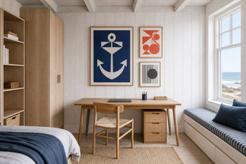 Nordic editorial age-appropriate Nordic bedroom or study corner featuring playful yet sophisticated framed art integrated into a practical small-space layout