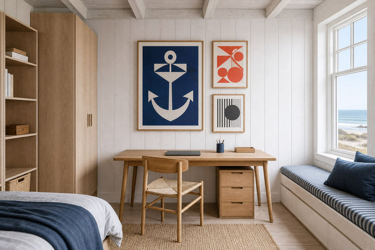 Nordic editorial age-appropriate Nordic bedroom or study corner featuring playful yet sophisticated framed art integrated into a practical small-space layout