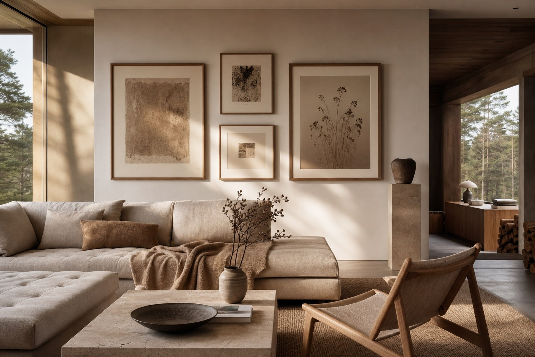 Nordic editorial refined Nordic living room featuring carefully composed framed-art vignette that directly illustrates the article subject
