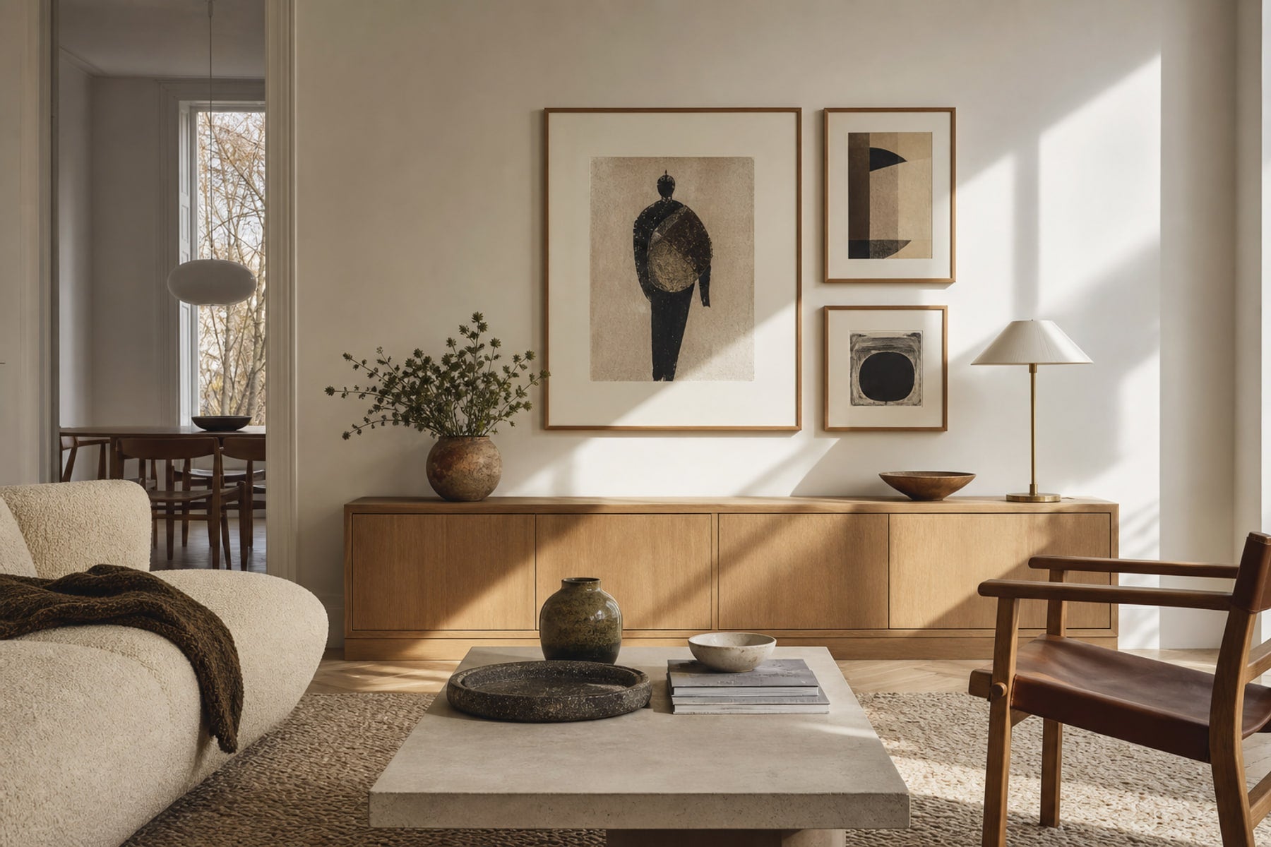 Nordic editorial refined Nordic living room featuring carefully composed framed-art vignette that directly illustrates the article subject