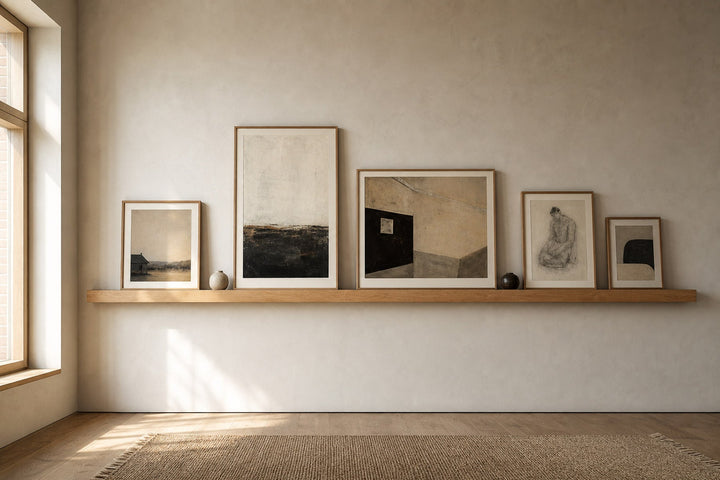 Nordic editorial refined Nordic living room featuring carefully composed framed-art vignette that directly illustrates the article subject