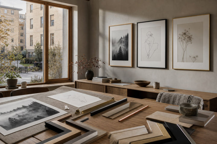 Nordic editorial Nordic framing studio featuring tactile editorial still life showing the relevant framing or paper materials in use