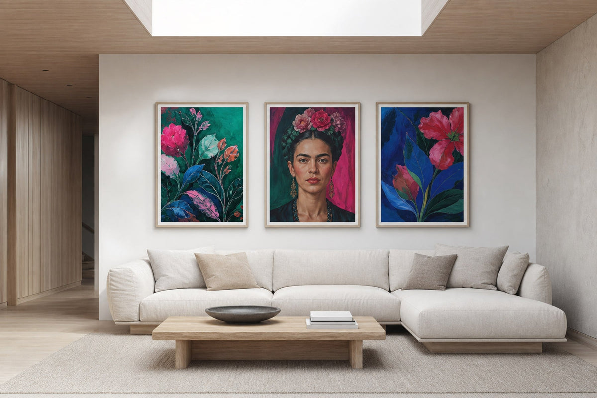 Nordic editorial refined Nordic living room featuring carefully composed framed-art vignette that directly illustrates the article subject